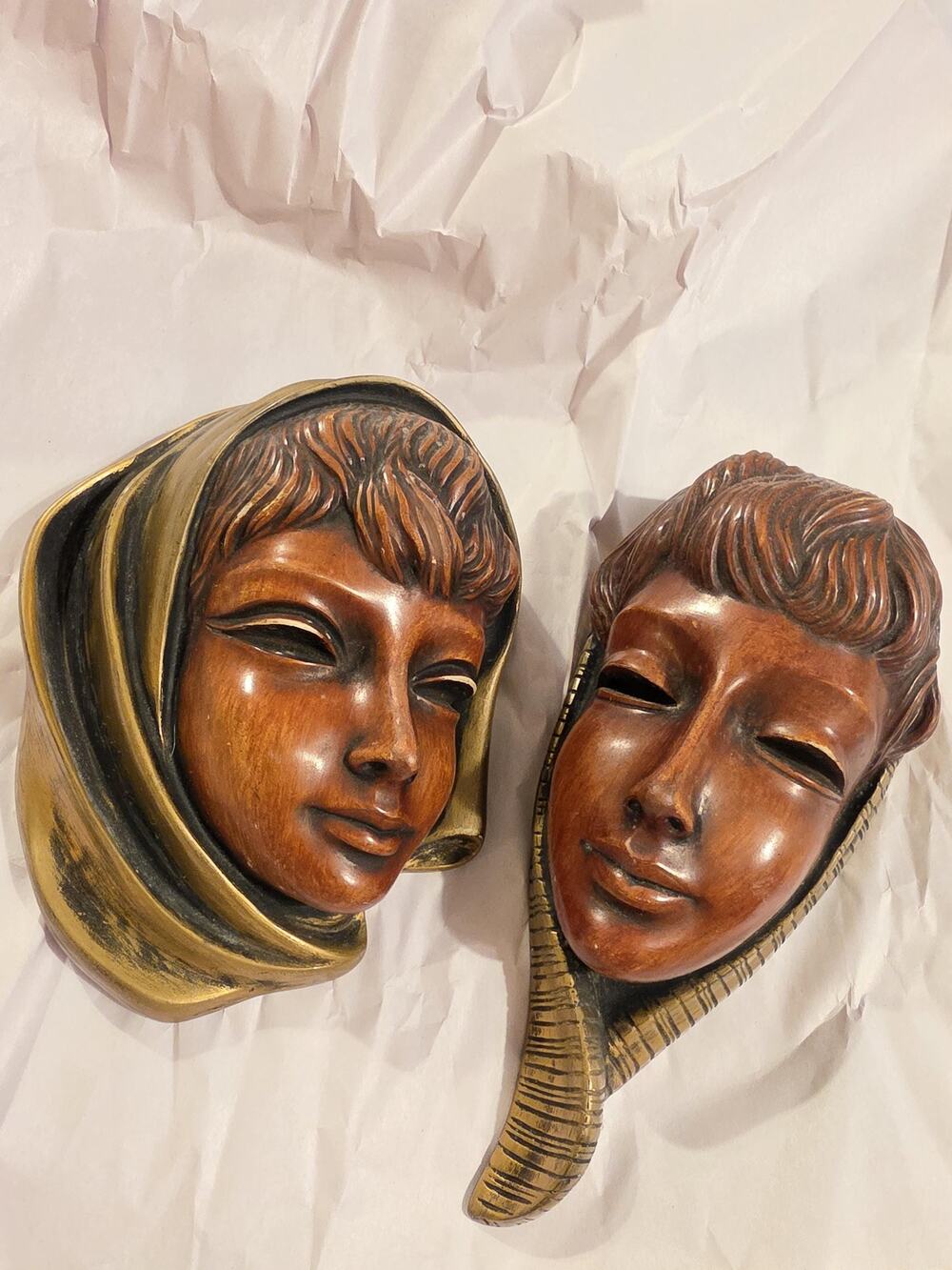 Achatit Wall Masks MCM W Germany Faux Wood Busts Girls wHeadscarves Plaque Art